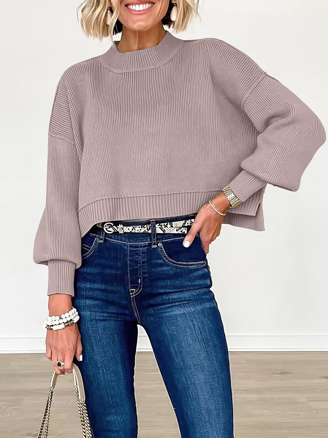 ANRABESS Womens Cropped Sweaters Oversized Crewneck Long Batwing Sleeve Side Slit Ribbed Knit Pullover Tops 2025 Fall Clothes