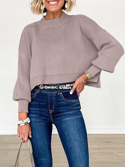 ANRABESS Womens Cropped Sweaters Oversized Crewneck Long Batwing Sleeve Side Slit Ribbed Knit Pullover Tops 2025 Fall Clothes