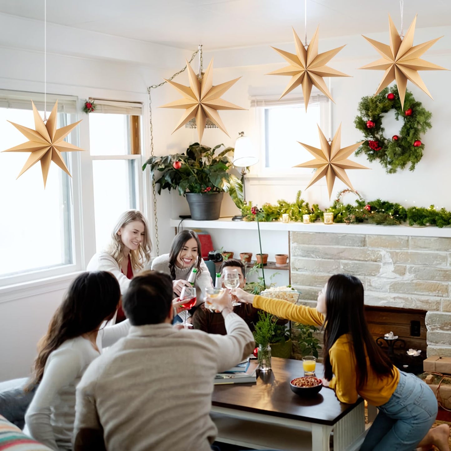 SUNBEAUTY 5 Pcs 9-Pointed Natural Paper Star Lanterns 12 Inch Christmas Hanging Lamp Rustic Paper Decorations Shade Wedding Birthday Christmas Home Party Decorations