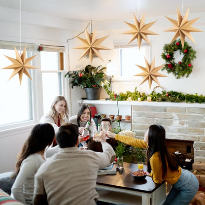 SUNBEAUTY 5 Pcs 9-Pointed Natural Paper Star Lanterns 12 Inch Christmas Hanging Lamp Rustic Paper Decorations Shade Wedding Birthday Christmas Home Party Decorations