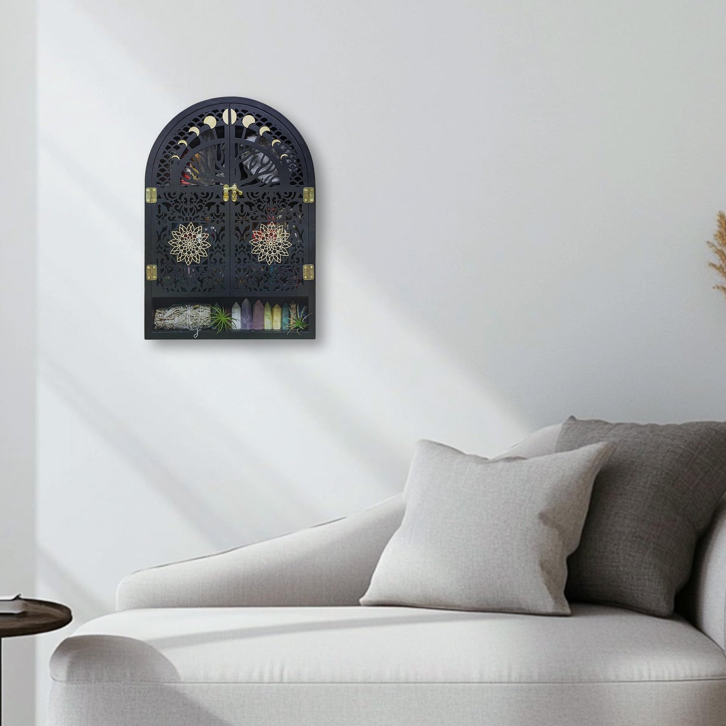 FNYDOX Large Crystal Display Shelf for Wall, Crescent Moon Phase Shelf Wall Decor, Wooden Arch Shelf, Tree of Life Crystal Holder Organizer, Cabinet for Gem Stone Rock, Spiritual Home Room Decor