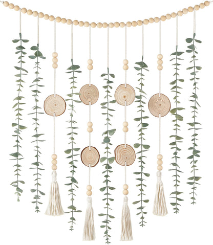 Dahey Hanging Artificial Plant Eucalyptus Wall Decor 31'' Wooden Bead Garland with Fake Greenery Leaves Boho Rustic Farmhouse Wall Art for Bathroom Office Living Dining Room Bedroom Kitchen Decoration