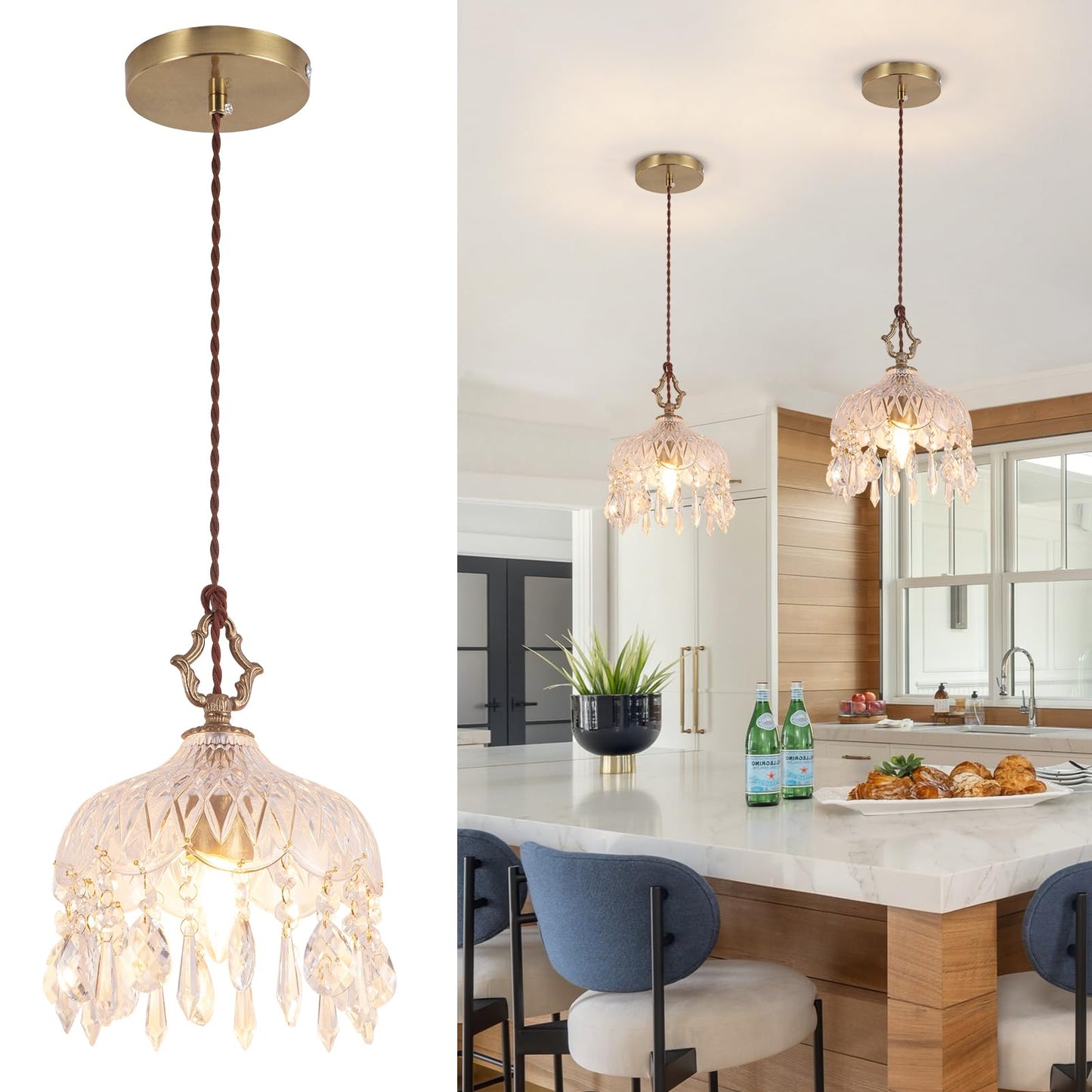 Bgfeoa Pendant Light with Glass Shade, Vintage Chandeliers 7.87 Inch E26 Base, Crystal Hanging Light Fixtures for Kitchen Island, Living Room, Dining Room 1 Light(Bulb Not Included)