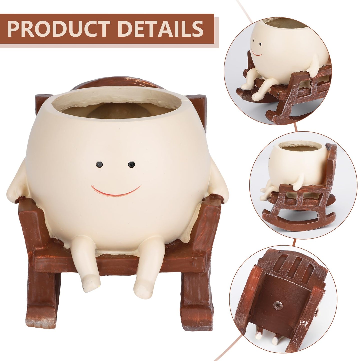 CONNOVA Smiley Face Flower Pot, Unique Smiley Face Rocking Sitting Rocking Chair Flower Pot,Resin Chair with Drainage Holes, Indoor and Outdoor Plant Pot, DIY Decoration Gift for Plant Lovers