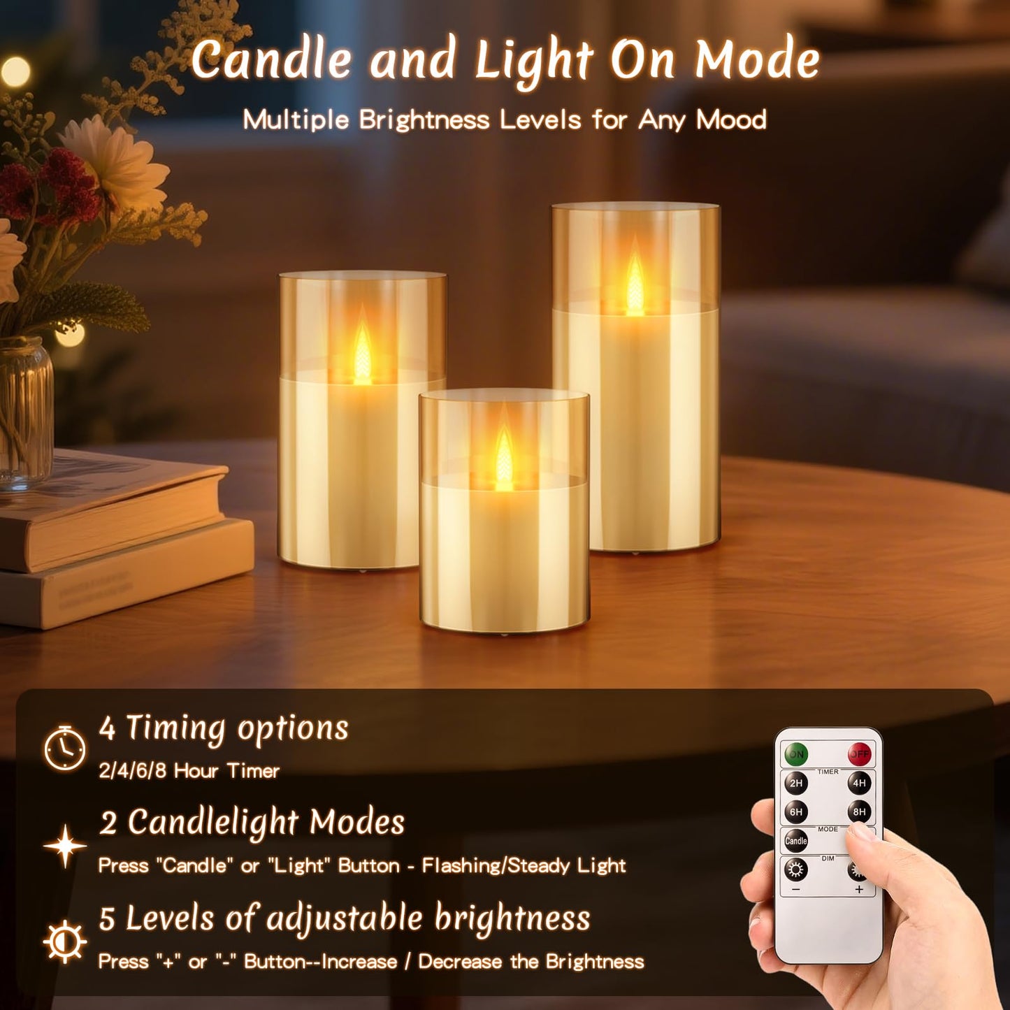 3PC Radar Motion Sensor Rechargeable Led Candles, Flameless Flickering Candle with Remote & Timer, Real Wax in Glass with Flickering Warm Light for Festival, Bedroom, christmas and party Decor-Amber