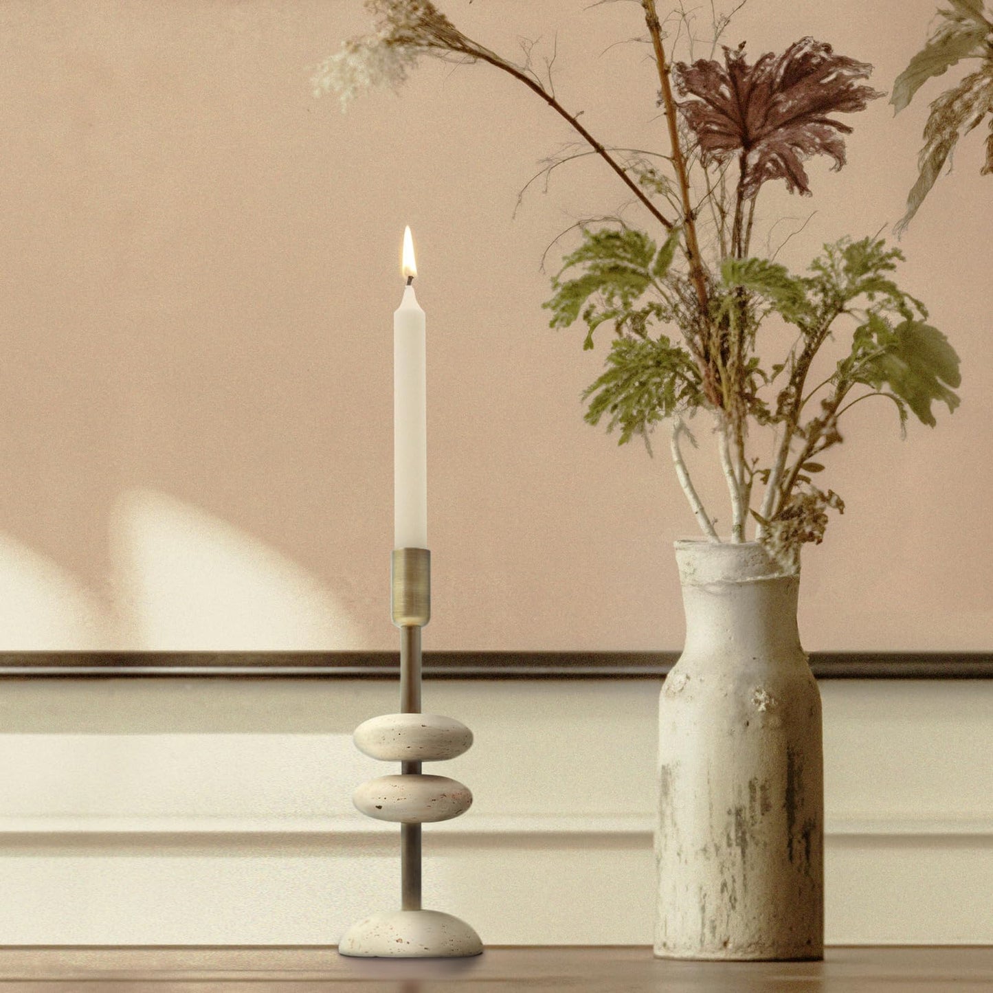 NEXOTIQUE Marble Candlestick Holders, Taper Candle Holder for Table Candles White Candelabra Candle Holders for Console Tabale, Wedding Centerpiece, Cozy Home Decor, Travertine, 10''