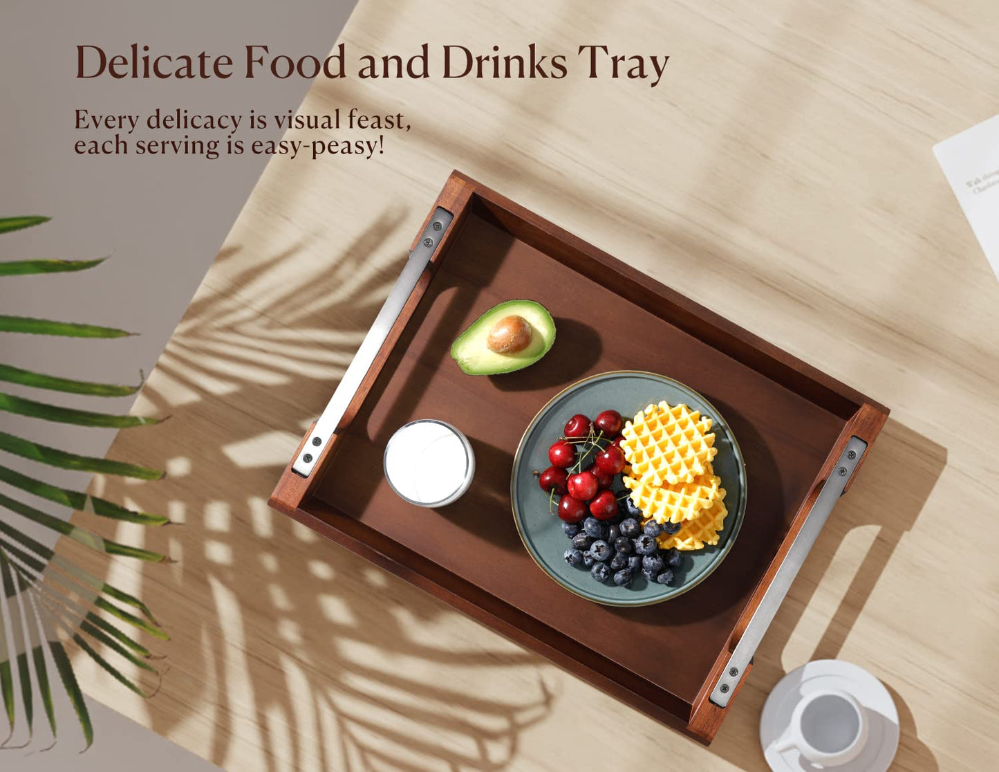 Dofira Acacia Wood Serving Tray with Metal Handles, 17x13in Food Drinks Tray for Coffee Table, Breakfast, Dinner & Bar, Rustic Decorative Storage Tray for Ottoman, Kitchen, Elegent Box for Gift
