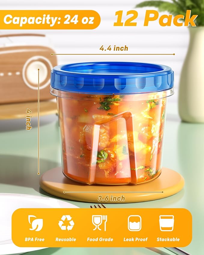 12 Pack-24 oz Freezer Storage Containers, Plastic Food Storage Containers
