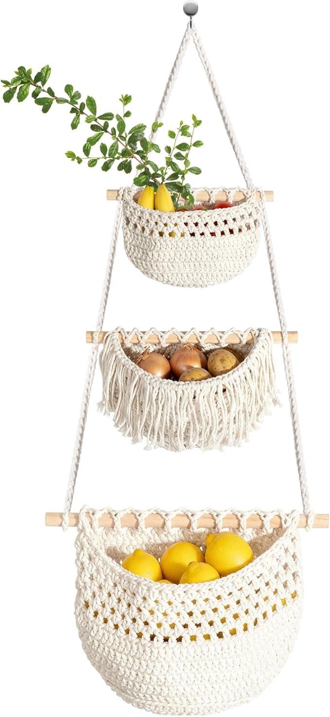 3 Tier Hanging Fruit Basket, Jute Wall Baskets, Hanging Produce Baskets