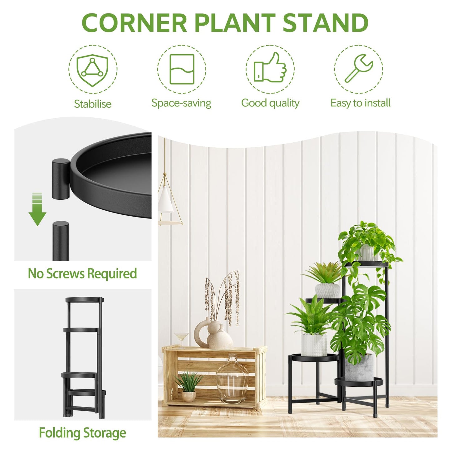 iDavosic.ly 4 Tier Large Plant Stand Indoor with 10 Inch Wide Tray, Tiered Corner Metal Outdoor Flower Display Holder Shelf, Folding Tall Rack for Patio Porch Living Room, Modern Black