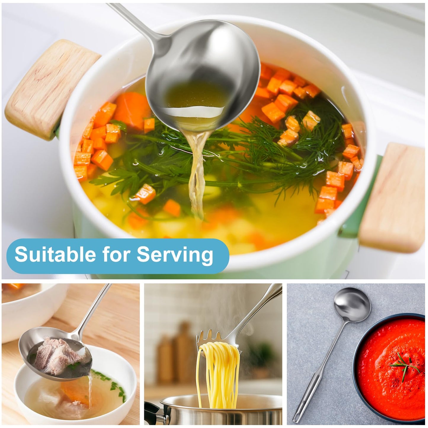 Stainless Steel Soup Ladle and Spaghetti Spoon Set - Large Ladle Spoon, Pasta Strainer, Durable Kitchen Cooking Utensils for Stirring, Serving Pasta, Soup & Sauce，Perfect Gifts