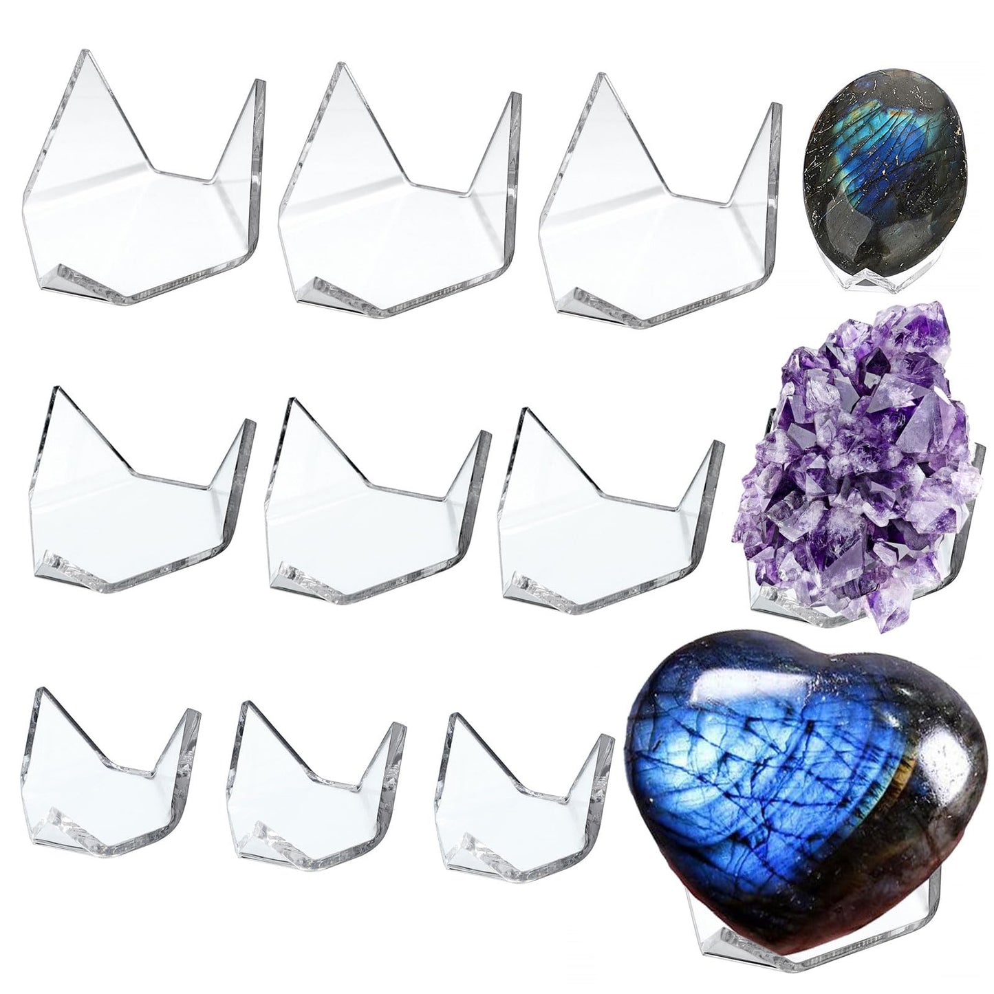 Hipiwe 12 Pcs Acrylic Triangle Display Holder - Display Easel Stands for Geodes Crystal Mineral Agate Fossil Coral, Clear Rock Display Stands for Small Collectibles, (Small+Medium+Large)