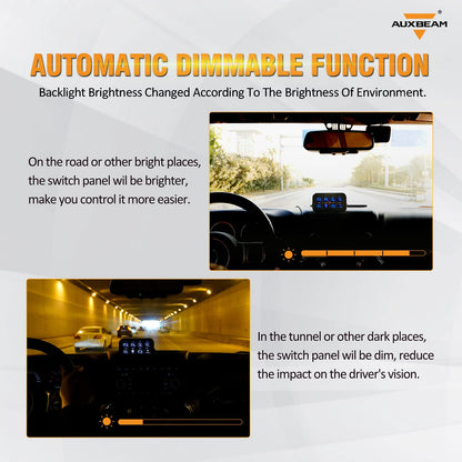 Auxbeam 8 Gang Switch Panel BA80, Universal Circuit Control Relay System Box with Automatic Dimmable On-Off LED Switch Pod Touch Switch Box for Car Pickup Truck Boat UTV ATV, Blue 3 Years Warranty