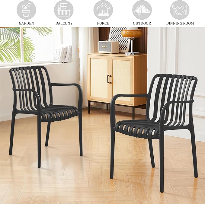 Patio Chairs Set of 4, All-Weather Stackable Outdoor Dining Chairs with Curved Back, Patio Dining Chairs for Patio, Deck, Porch, Backyard, Restaurant, Cafe, Black