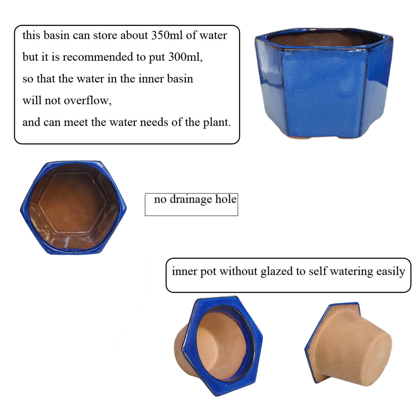 Dphagesy African Violet Pots 6 inch Hexagon Self-Watering Ceramic Violet Pots 4.50'' Opening (Blue)