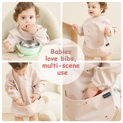 PewinGo Baby Bibs with Long Sleeve Bib & BLW, Coverall Bibs for Baby Feeding, PU Soft and Skin-Friendly Material, Machine Washable, Waterproof and Easy to Clean, Baby Infant Toddlers (Pink)