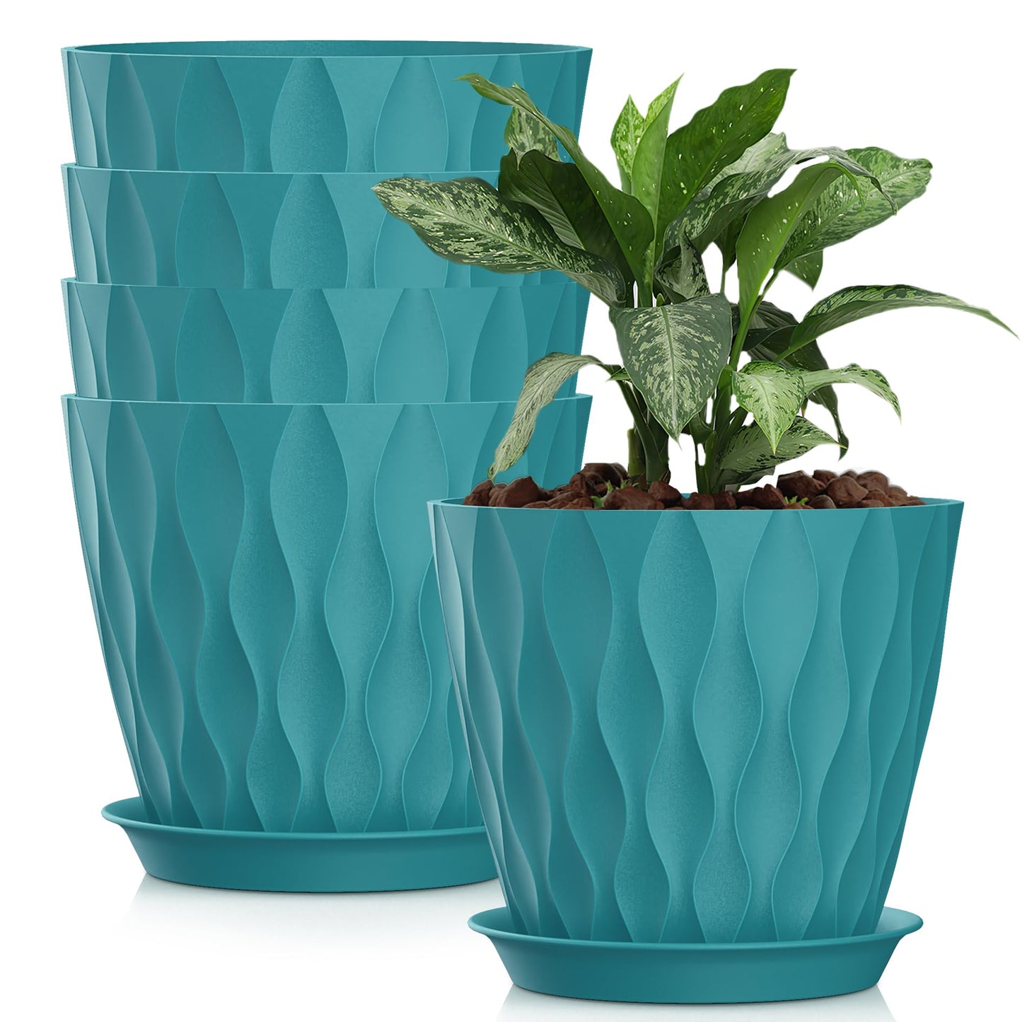 SQKH 8 Inch Plastic Plant Pots,Set of 5 Flower Pots,Planters with Drainage Holes & Saucers, Indoor Outdoor Garden Pots for Home Decor(Blue-Green)