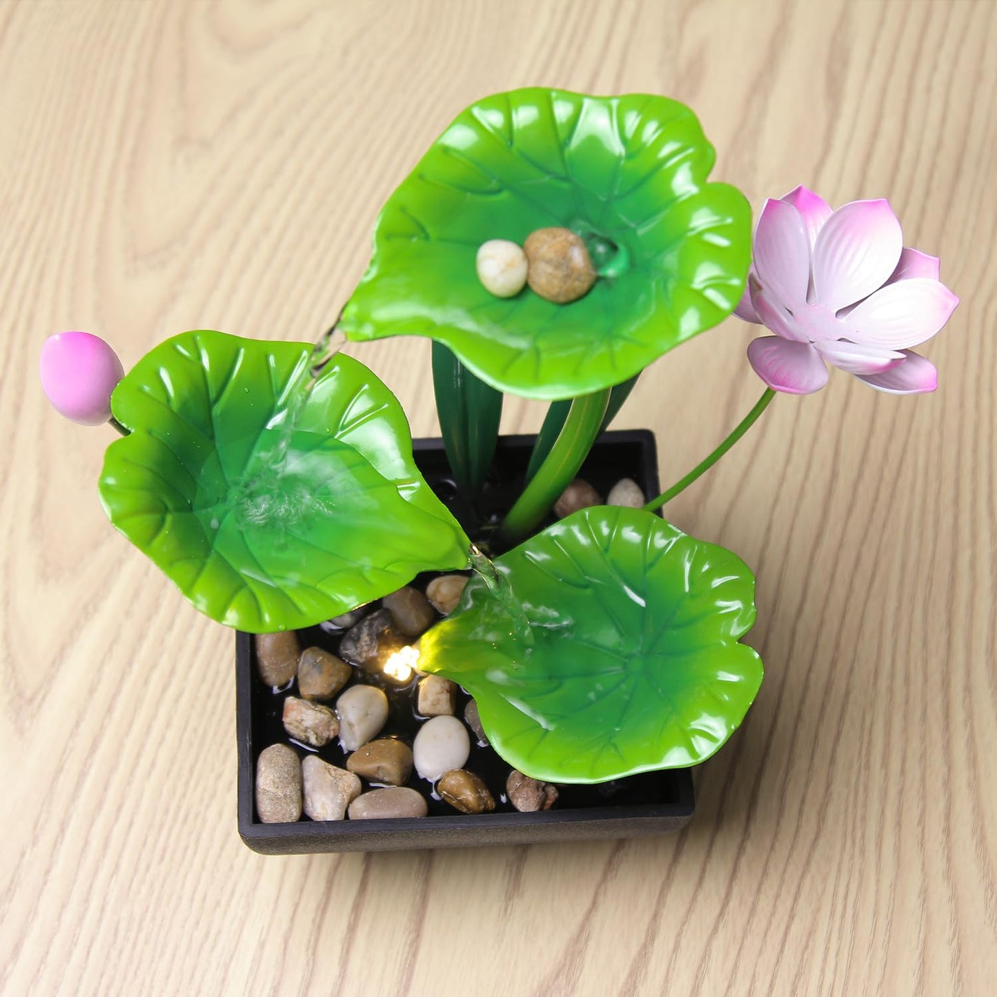 YOQUATE Water Fountain Indoor Waterfall Fountain 3-Tier Tabletop Fountain Lotus Desk Relaxation Home Decor Including Lots of Rocks and Soothing Sound Machine (Green 1)
