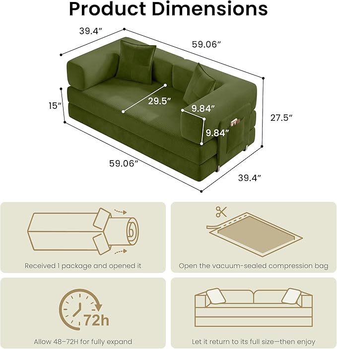 Convertible Floor Sofa Bed | 59’’ Folding Futon Sofa