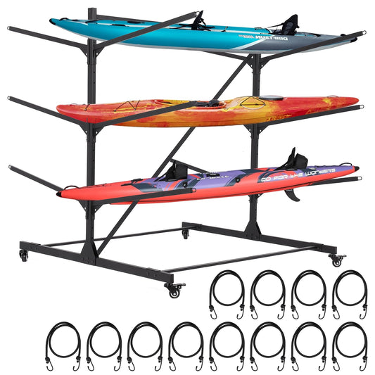 GCCSJ Kayak Storage Rack, 3-Leves Freestanding Kayak Stand with Wheels, Adjustable Canoes and Surfboards Bracket for Garage and Outdoor Kayak Racks