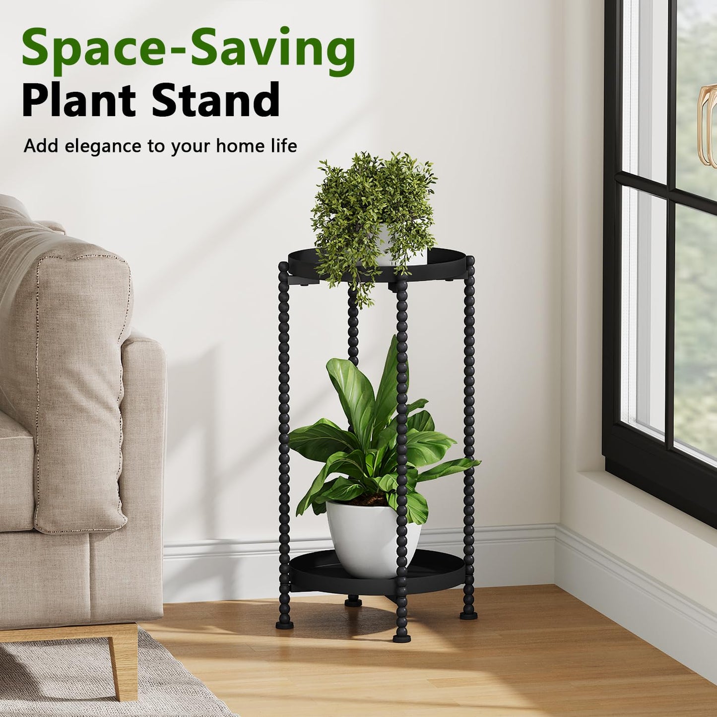 YINMIT Plant Stand Indoor Outdoor, 2 Tier Metal Plant Stand, Metal Spindle Poles Plant Stands Outdoor, Corner Flower Pot Stand, Plant Tables Indoor for Patio Garden Balcony Living Room Black