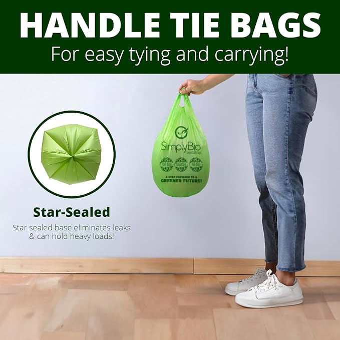 Simply Bio 1.6 Gallon Compostable Trash Bags Liners Handle, Heavy Duty Extra