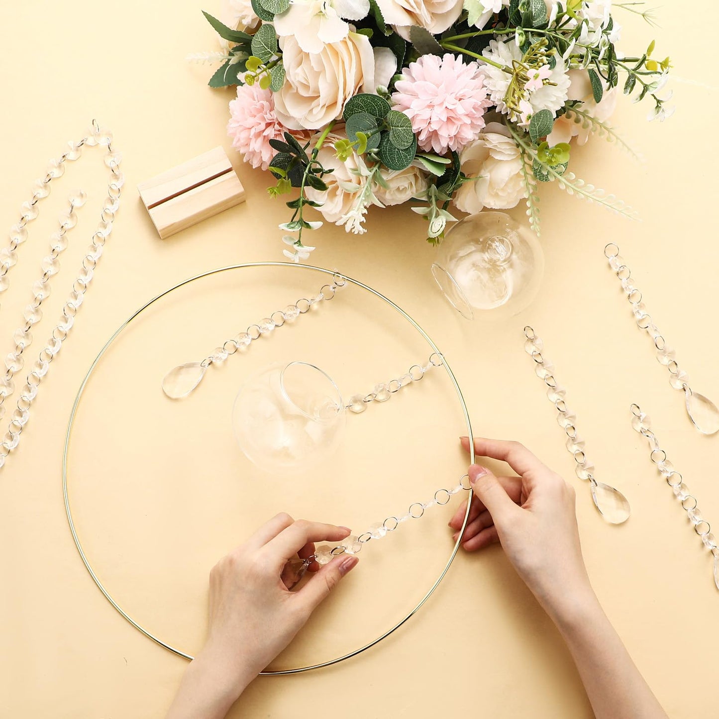 Leinuosen 6 Pack 12'' Metal Floral Hoop Centerpieces Set with Wooden Stand, Hanging Candle Holder, Acrylic Crystal Pendant Garland Crystal Garland String, for DIY Wedding Party Tabletop Decoration