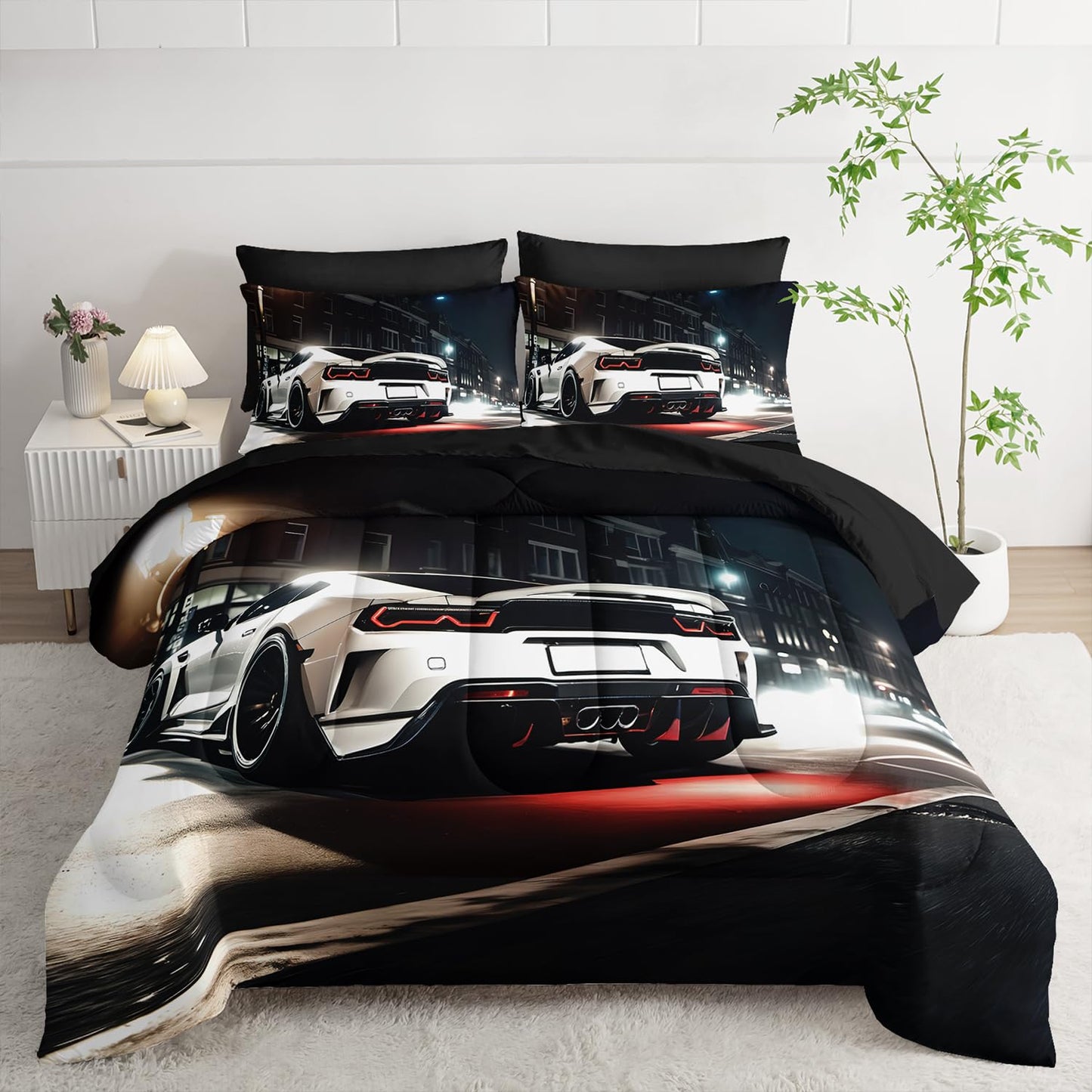 Nttopship Sports Car Comforter Set Twin Size 7PCS, White Racing Car Bed Set Light White Racing Car Bedding Set 7 Piece in A Bag,Bed Sheet Set Racing Car Decor,Microfiber Lightweight All Season