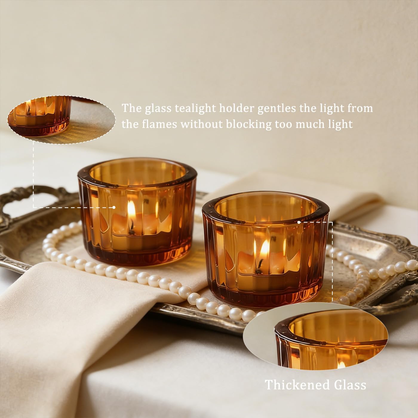 AUMAYCO Amber Tea Light Candle Holders Set of 12, 5cm x 3.5cm Glass Tea Light Holders for Table Centerpiece, Mini Votive Candle Holders for Weddings, Birthday Parties, Home Decor, Table Decor