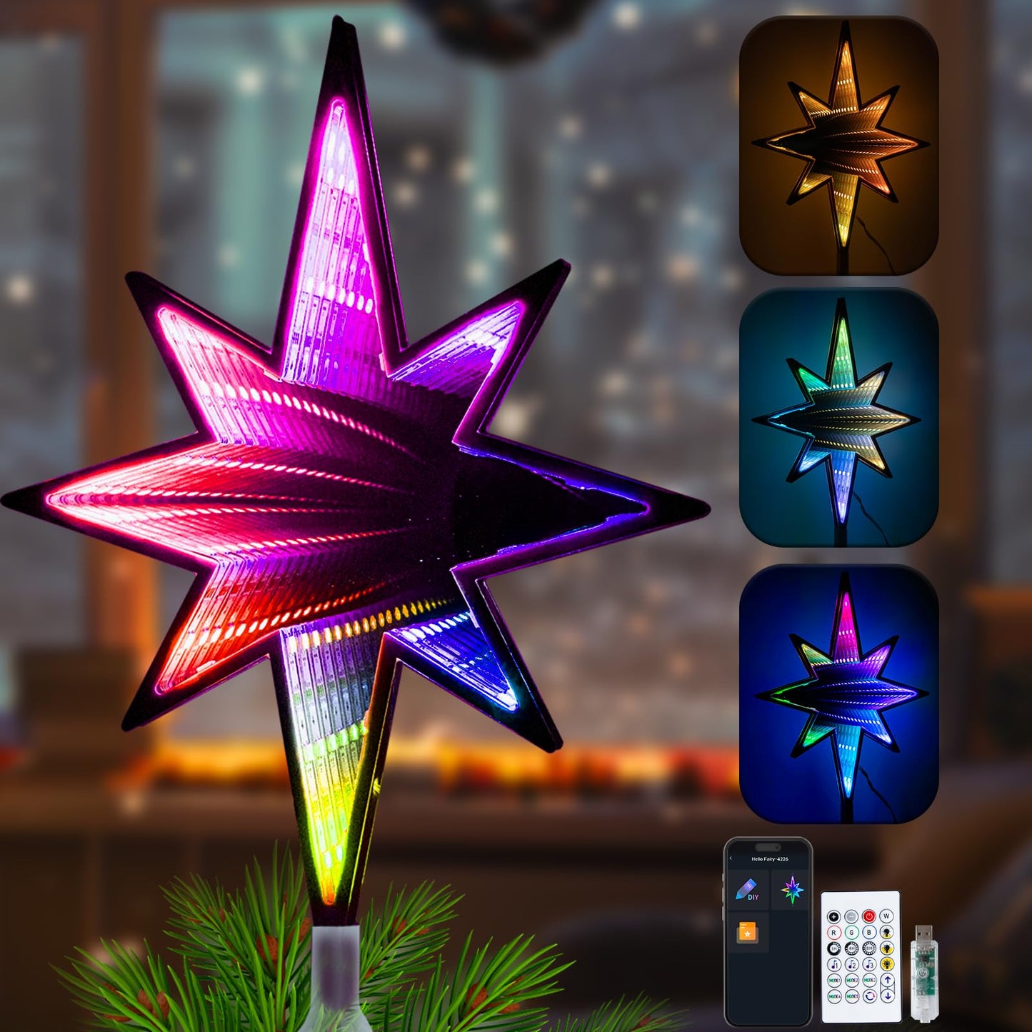 Smart Christmas Tree Topper Infinity Mirror Double-Sided, 11" RGB Star Tree Topper, Timer, App Control, USB Powered, Music Sync, Tree Topper for Indoor Party Holiday Decor