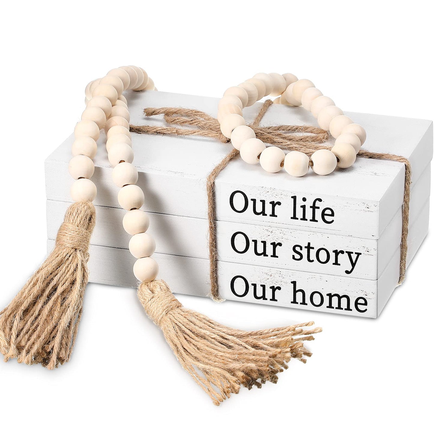 Jetec Decorative Books for Home Decor White Faux Farmhouse Stacked 3 Pieces Gift for Mother Teachers Friends Family for Coffee Tables Shelves with Wood Bead Tassels 58 Inch