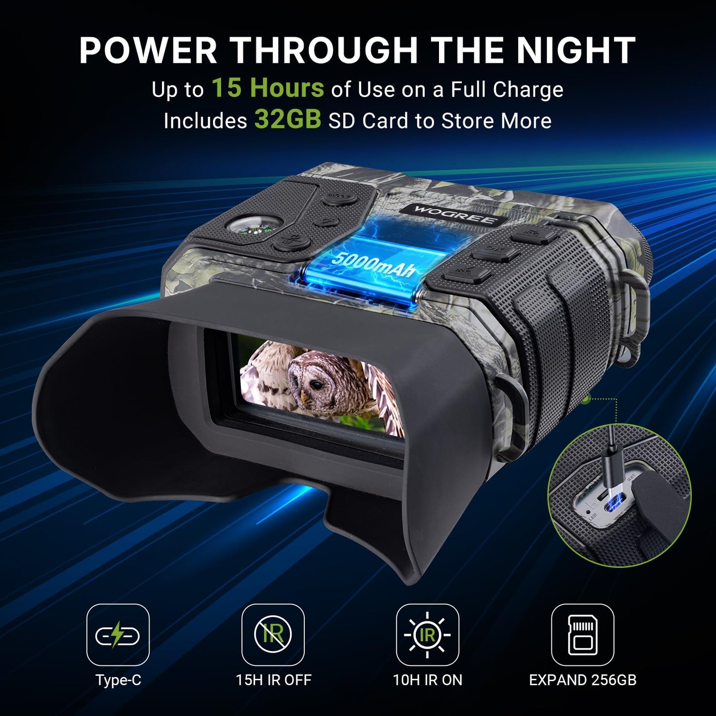 WOGREE Night Vision Goggles, 4K Night Vision Binoculars for Adults, 36MP, 1300FT Range,8X Digital Zoom, Flashlight & Compass, 5000mAh Battery, Infrared Vision, 32GB Card, for Camping & Security