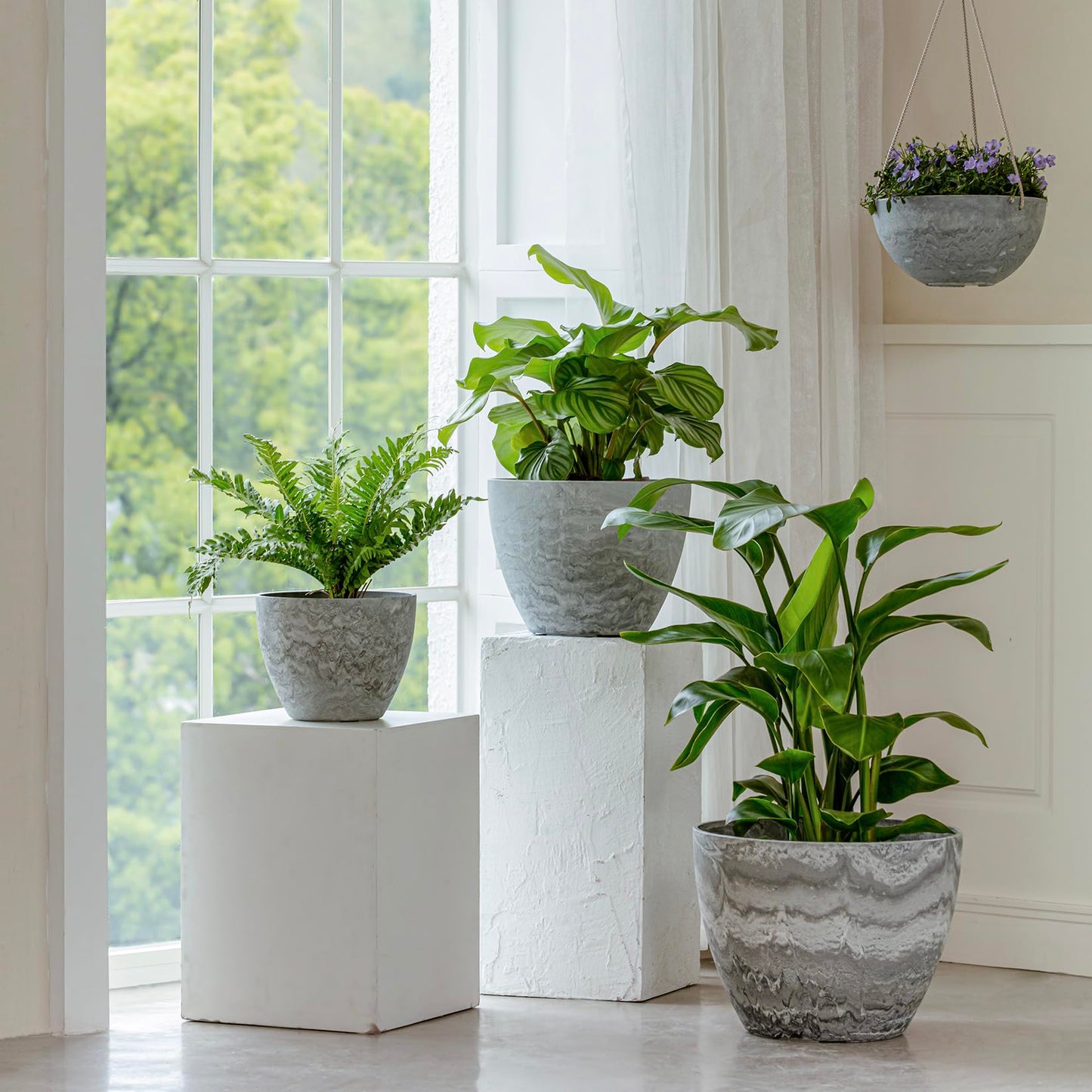 LA JOLIE MUSE Flower Pots Outdoor Garden Planters, Indoor Plant Pots with Drainage Holes, Plastic, Marble Pattern Grey, Set 2 (11.3 + 11.3 Inch)