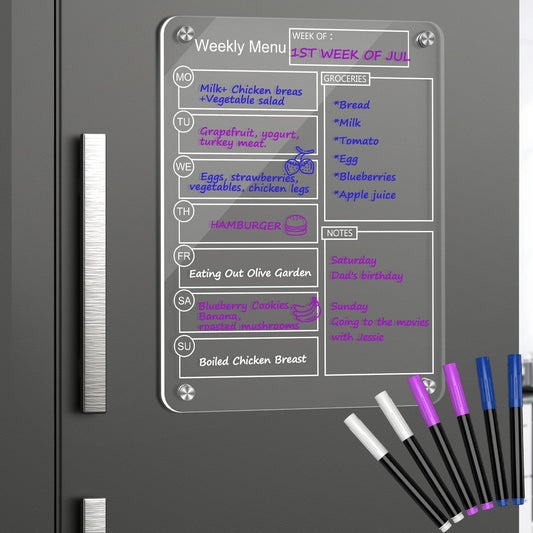 16''x12'' Acrylic Meal Planner Magnetic Menu Board for Kitchen Fridge, Clear Weekly Calendar Planning Board Noteboard Dry Erase Board to Do/Grocery/Shopping List/Chore Chart Includes 6 Markers