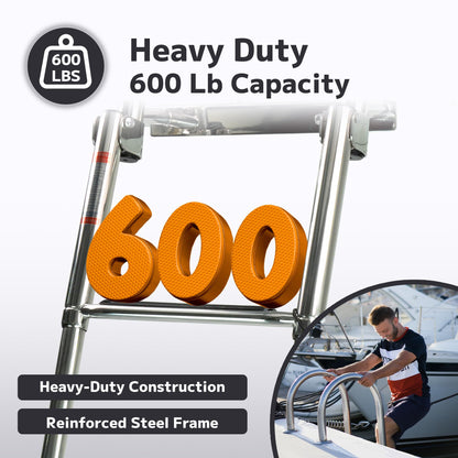 Manumarine 4 Step Heavy Duty 316 Stainless Steel Boat Ladder | Telescoping Folding Rear Entry Dock Swim Deck Ladder with Handrails & Extra Wide Steps, 600lbs Capacity Marine Grade