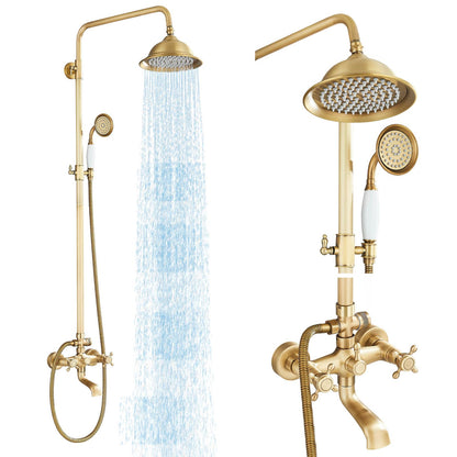 MOSSON Antique Brass Shower System Bathroom Shower Faucet Set with 8 Inch Shower Head Handheld Spray and 360 ° Rotation Tub Spout 2 Cross Handles Outdoor Shower Fixtures