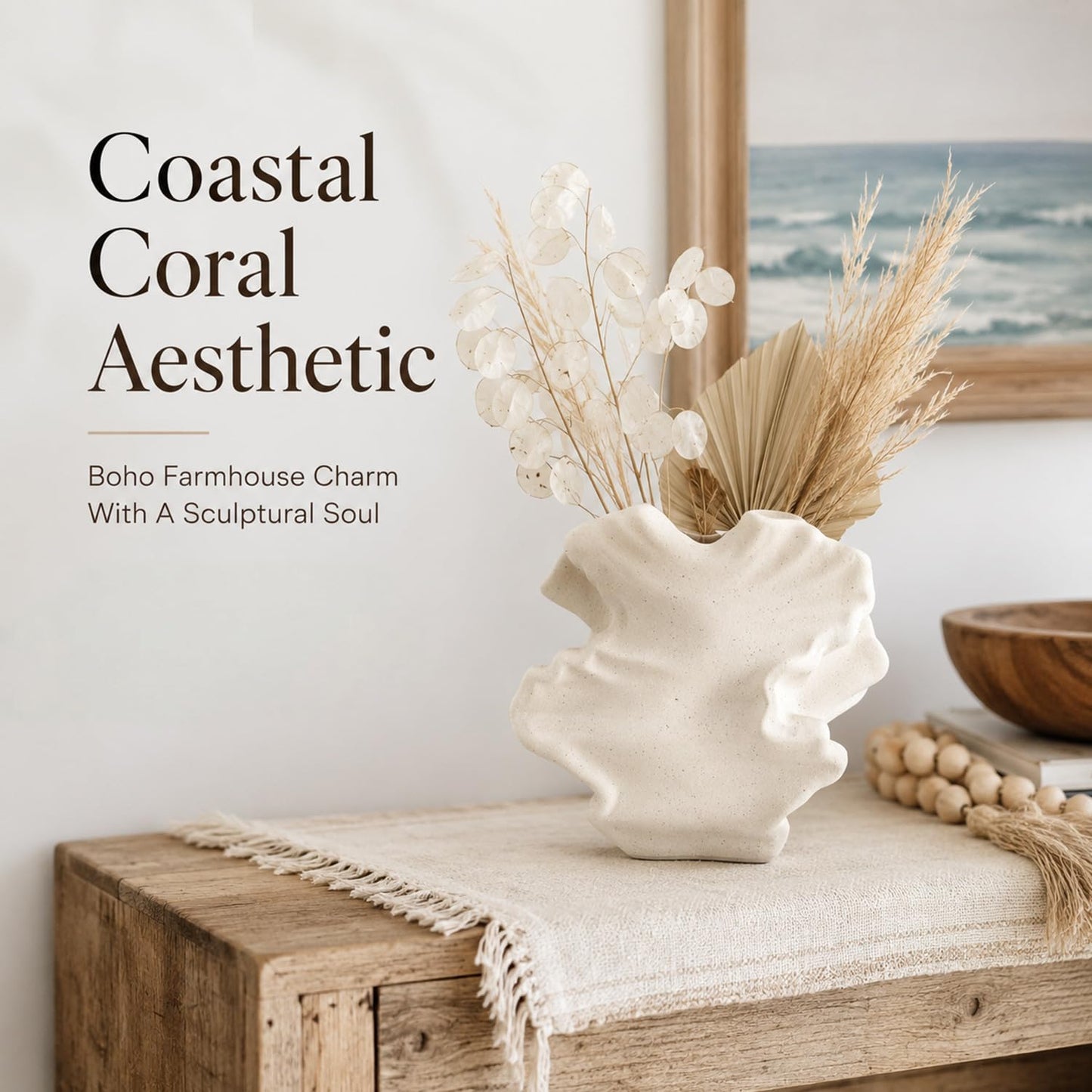 White Coral Vase for Coastal Decor, Small Ceramic Vase, Boho Decor with Coastal Ocean Charm, Decorative Vases for Bathroom, Shelf, Coffee Table, Living Room, Kitchen, Entryway, Fireplace