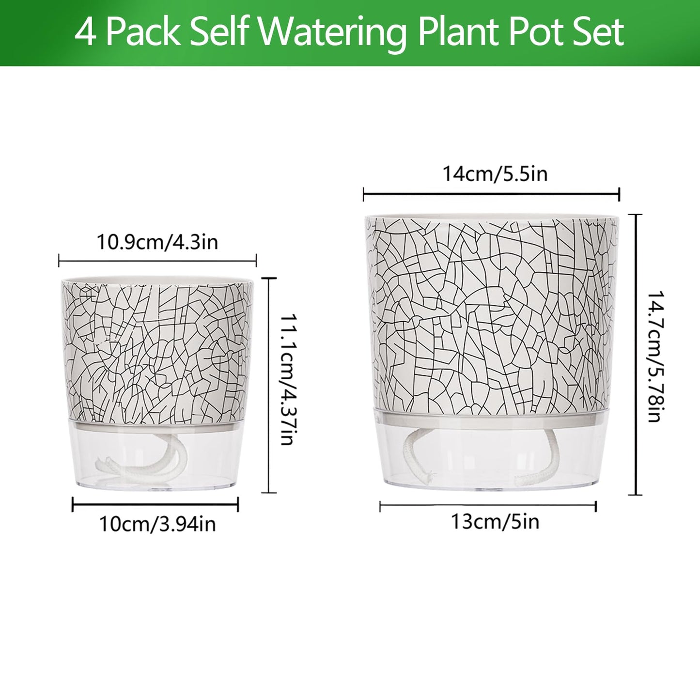 CWYEYE 4 Pack Self Watering Pots for Indoor Plants, 4" + 5.5" Flower Pots with Wick Rope and Reservoir, Plant Pots for African Violet, Spider Plant, Orchid