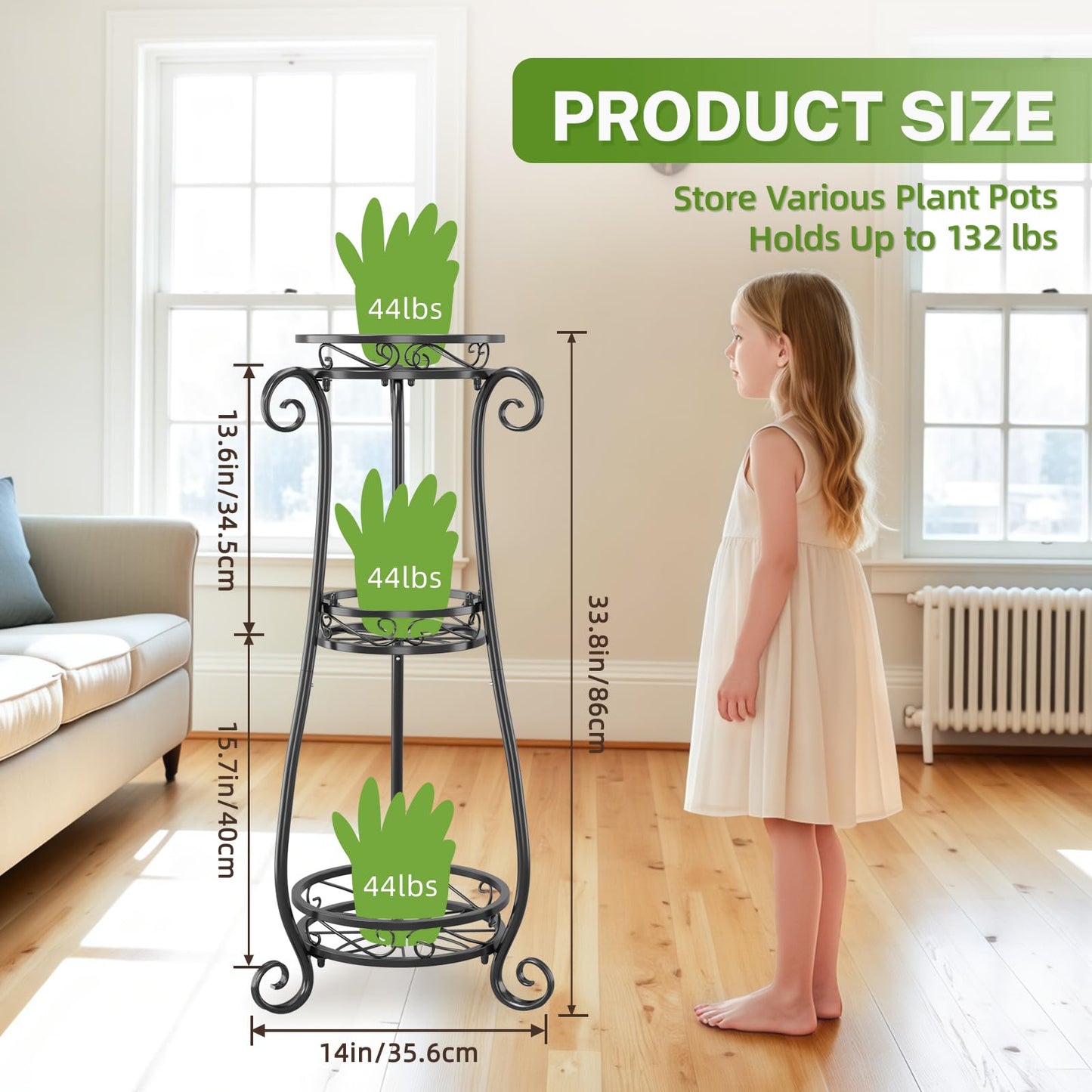 iDavosic.ly 3 Tier Metal Plant Stand Indoor Outdoor, Wrought Iron Corner Tall Flower Pot Holder Shelf, 34 Inch Vertical Heavy Duty Display Rack for Patio Porch Living Room Garden, Black