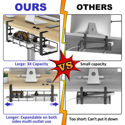 Under Desk Cable Management Tray, 15.7'' No Drill Steel Desk Cable Organizers, Wire Management Tray Cable Management Rack, Desk Cable Tray with Wire Organizer and Desk Cord Organizer