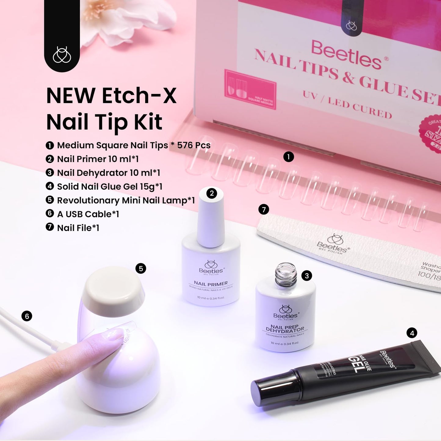 Beetles Gel Nail Kit Short Almond with Nail Dehydrator and Primer, 576Pcs Half Matte Etch-X Gel Nail Tips Solid Nail Glue Mini Nail Lamp Acrylic Nail Tips Easy DIY Nail Extension Set Gift for Women
