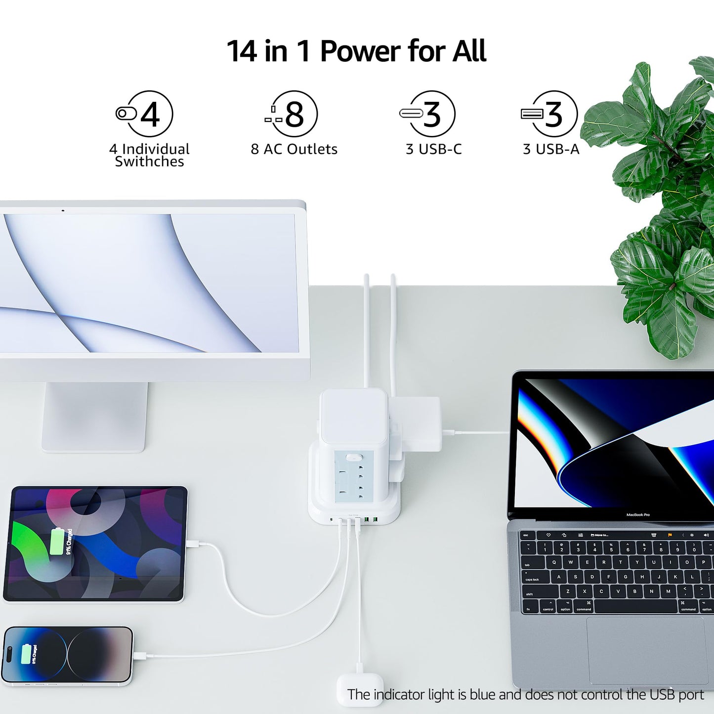 Tower Extension lead with USB Slots, Toomke 8 Way (13A/3250W) Plug Extension Socket Tower with 3 USB C and 3 USB A, Overload Protection Extension Cord with 4 Independent Switches, Power Cord 1.8M