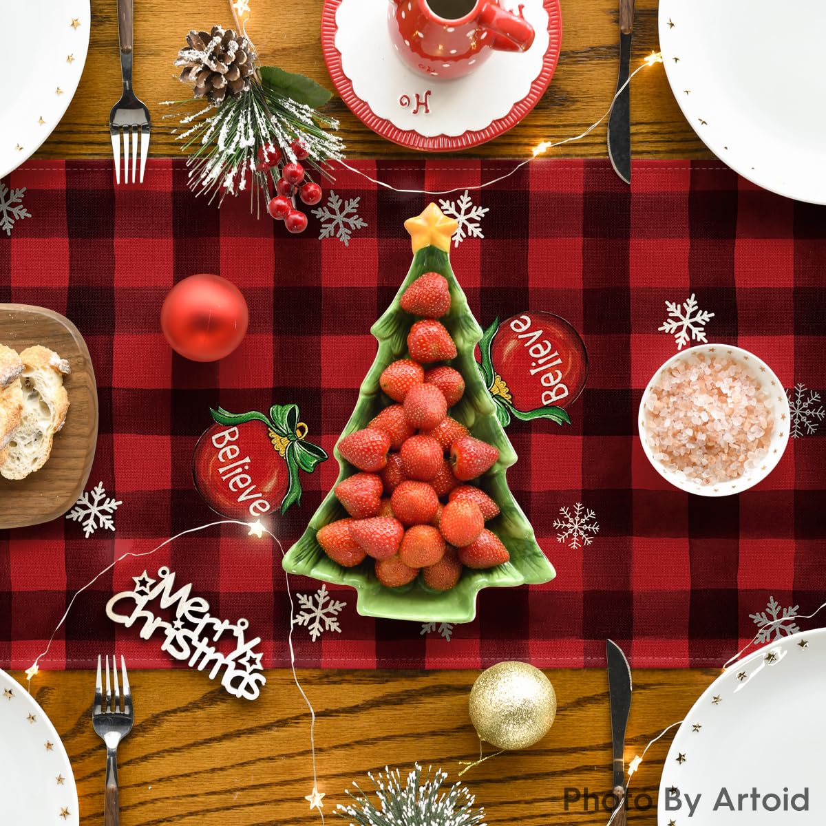 Artoid Mode Red and Black Buffalo Plaid Gnome Believe Snowflakes Christmas Table Runner, Seasonal Winter Holiday Kitchen Dining Table Decoration for Home Party Decor 13x72 Inch