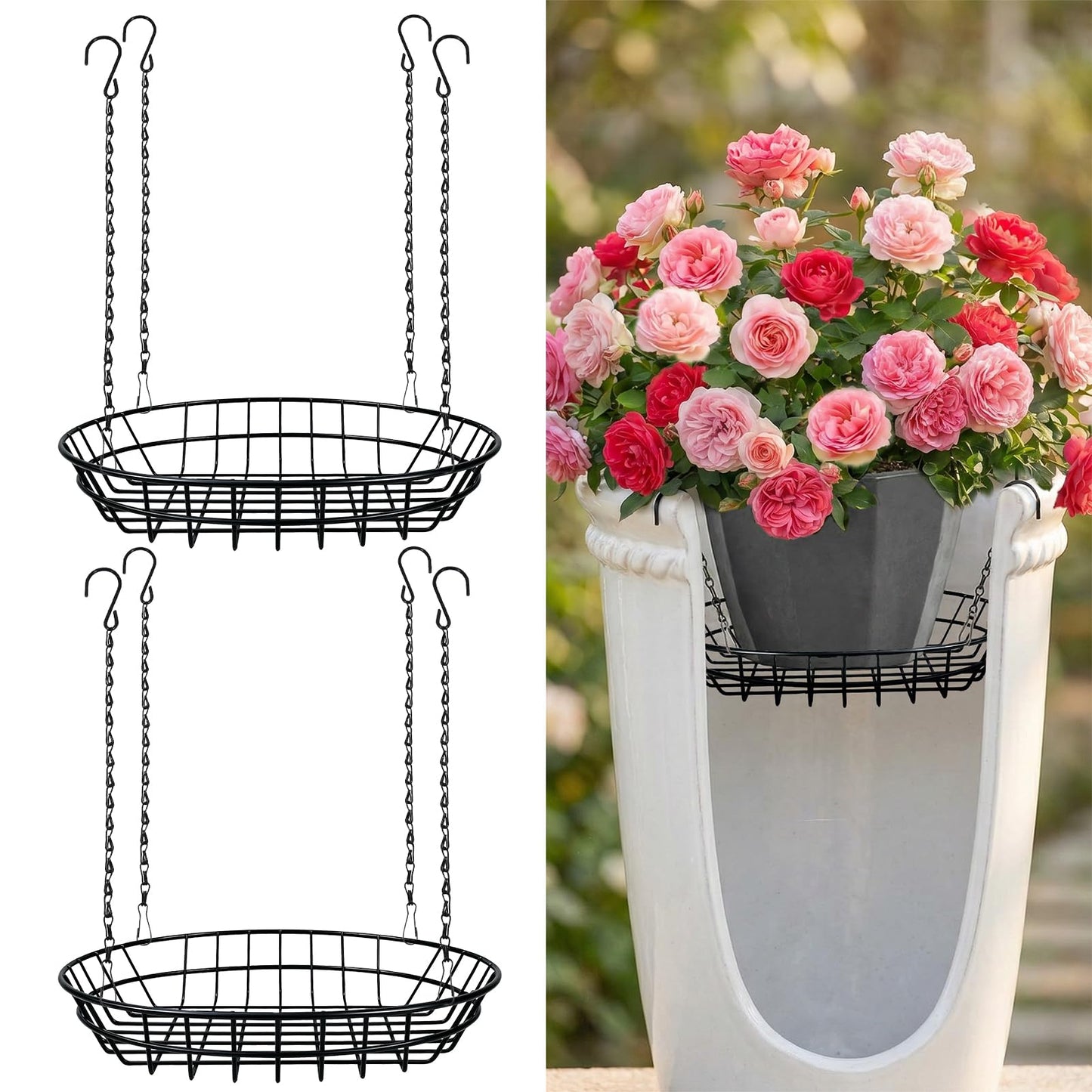 REDPOPO 2 Pack Adjustable Planter Insert for Large Pots 12-18 Inch, Stainless Steel Plant Riser with 4 S Hooks & Chains, Pot Filler for Tall Planters to Reduce Soil, Indoor Outdoor Rust Proof Plant Pot Riser for Round Square Planters