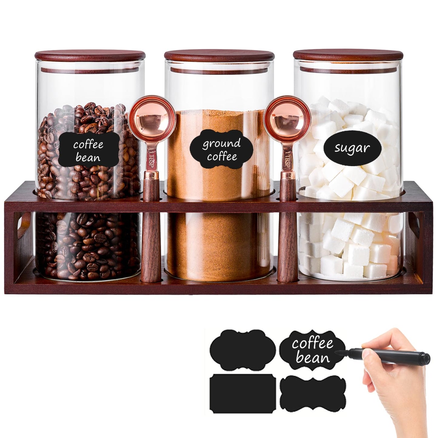 ZOMUIA Glass Coffee Containers Airtight Coffee Bean Storage Canisters with Shelf, 3Pcs 44oz Coffee Station Organizer, Kitchen Food Storage Jars for Sugar, Candy, Oats, Nuts (Retro)