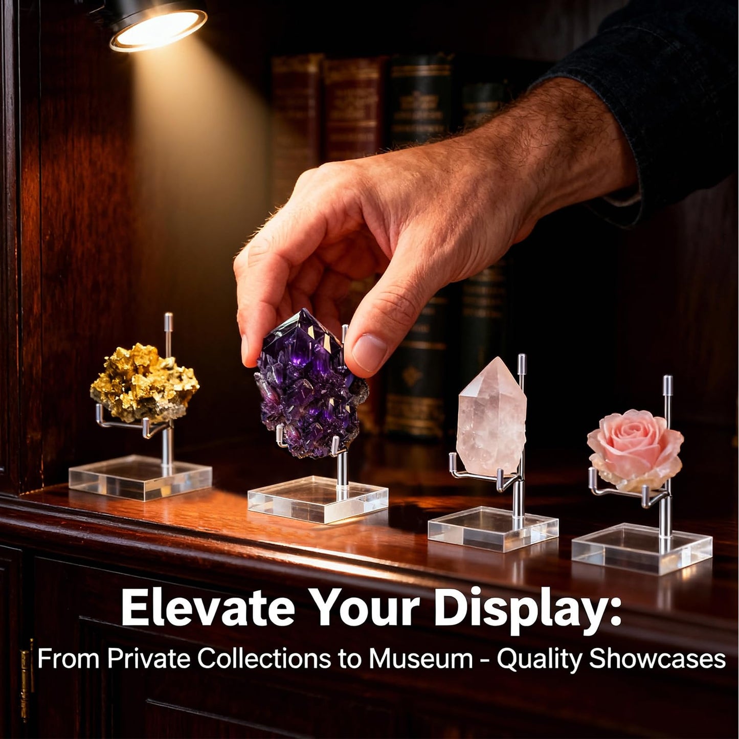 Nyuemystery 30 Pcs 2x2 Inch Adjustable Metal Arm Display Stand with Acrylic Base, Crystal Rock Holder for Mineral Geode Gemstone Fossils Picture Frames Easels