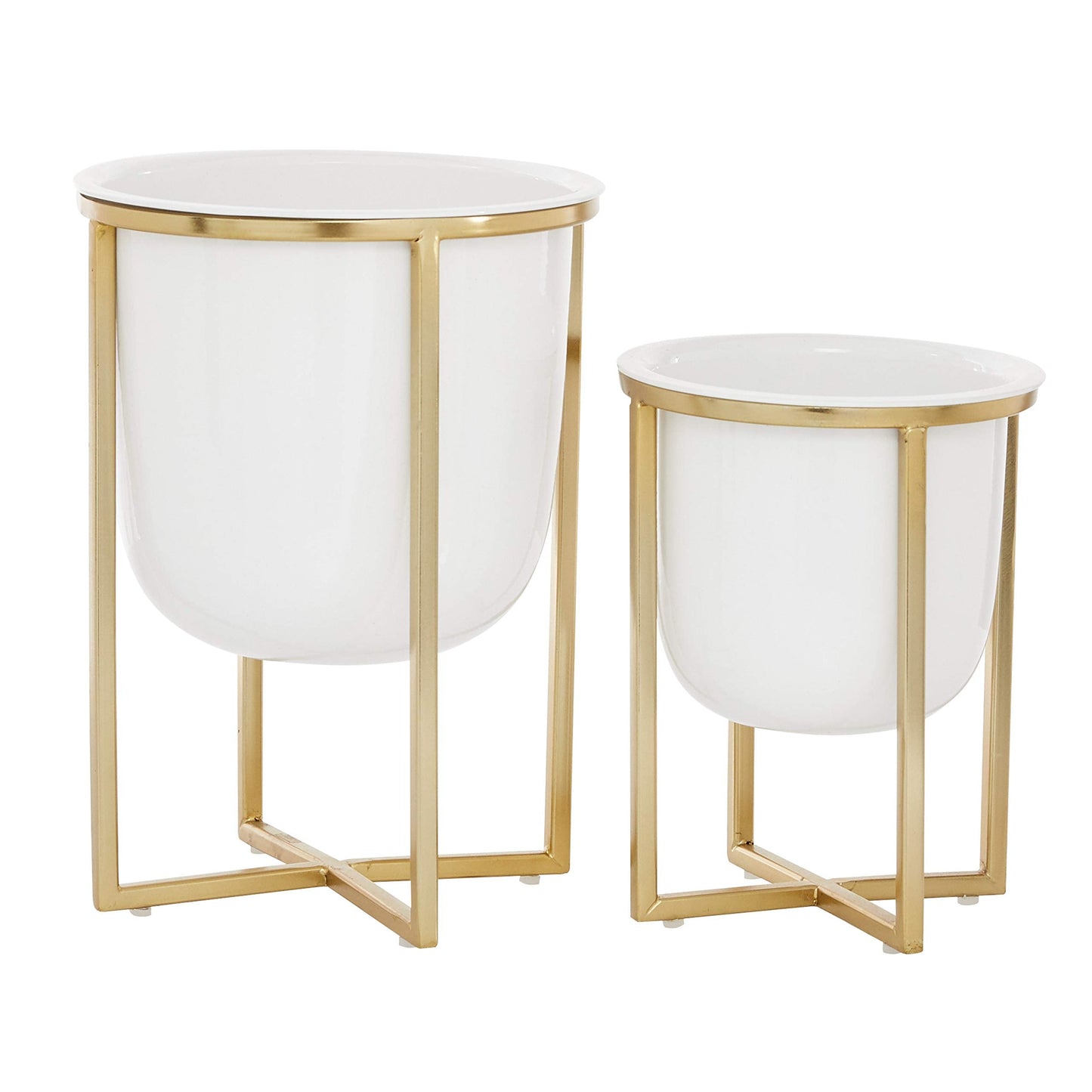 CosmoLiving by Cosmopolitan Metal Indoor Outdoor Planter Dome Small Planter Pot with Gold X-Shaped Stands, Set of 2 Planters 12", 10"H, White