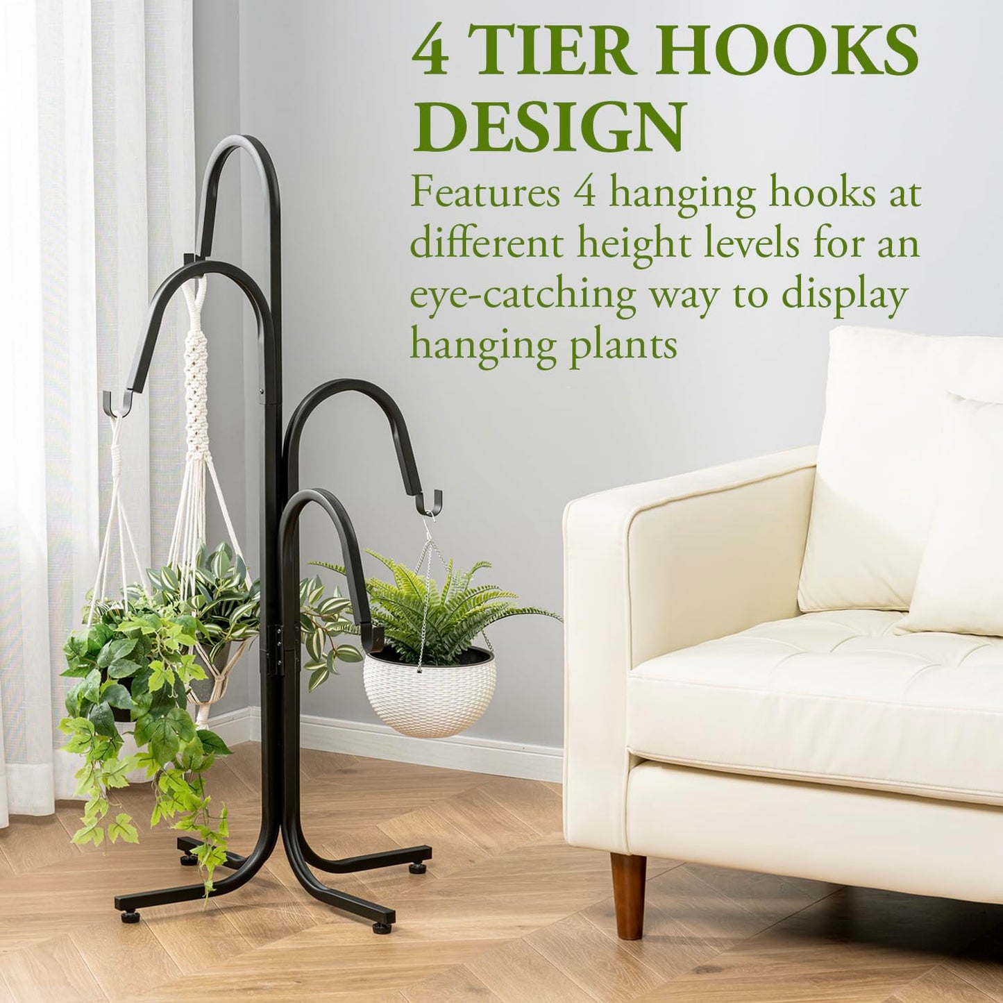 MyGift Floor Standing Planter Pot Stand, Industrial Matte Black Metal Heavy Duty Freestanding Plant Basket Hanger Rack with 4 Way Hanging Hooks
