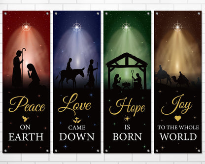 4Pcs Welcome Religious Easter Banners for Church Sanctuary Wall - Hanging Backdrop Nativity Scene Banner Scripture - Easter Porch Signs for School Nativity Decor