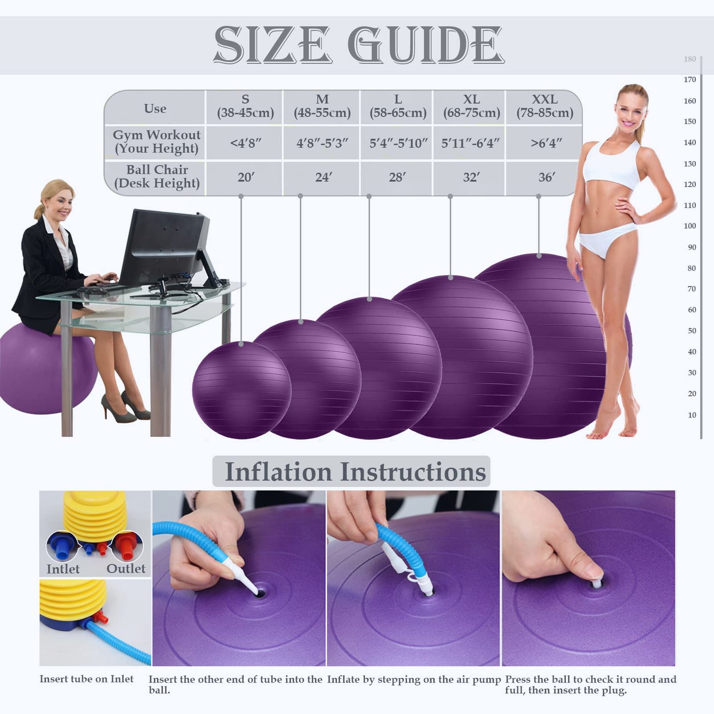 Soft Exercise Ball, Anti-Burst Yoga Ball Chair Supports 2200lbs, Stability Swiss Ball w/Pump for Pregnancy Birthing, Excersize, Workout, Fitness, Balance, Gym, Physio, Abs (Office & Home & School)
